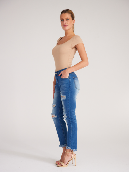 High Waisted Super Stretchy Fringe Hem Crop Jeans