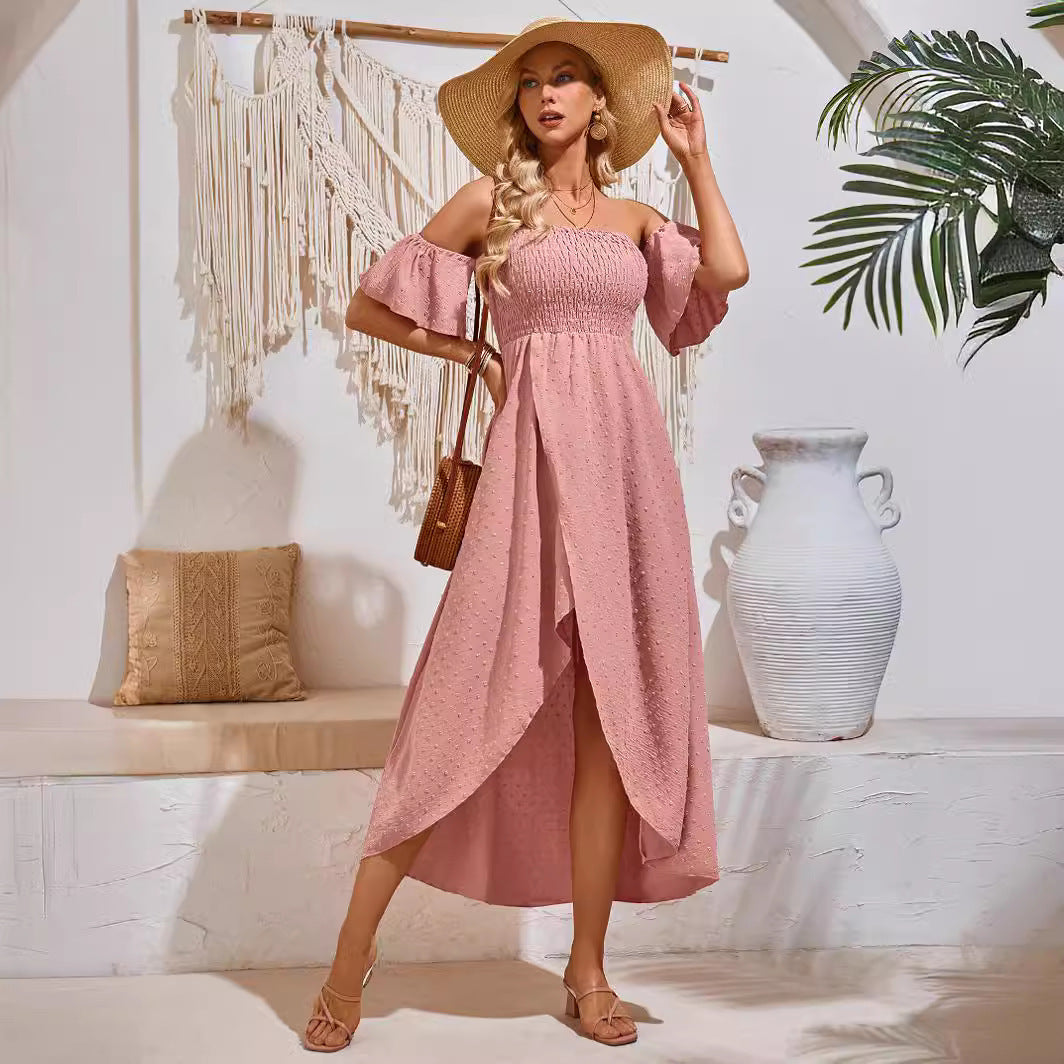 Off-shoulder Slit Pleated Ruffle Long Dress