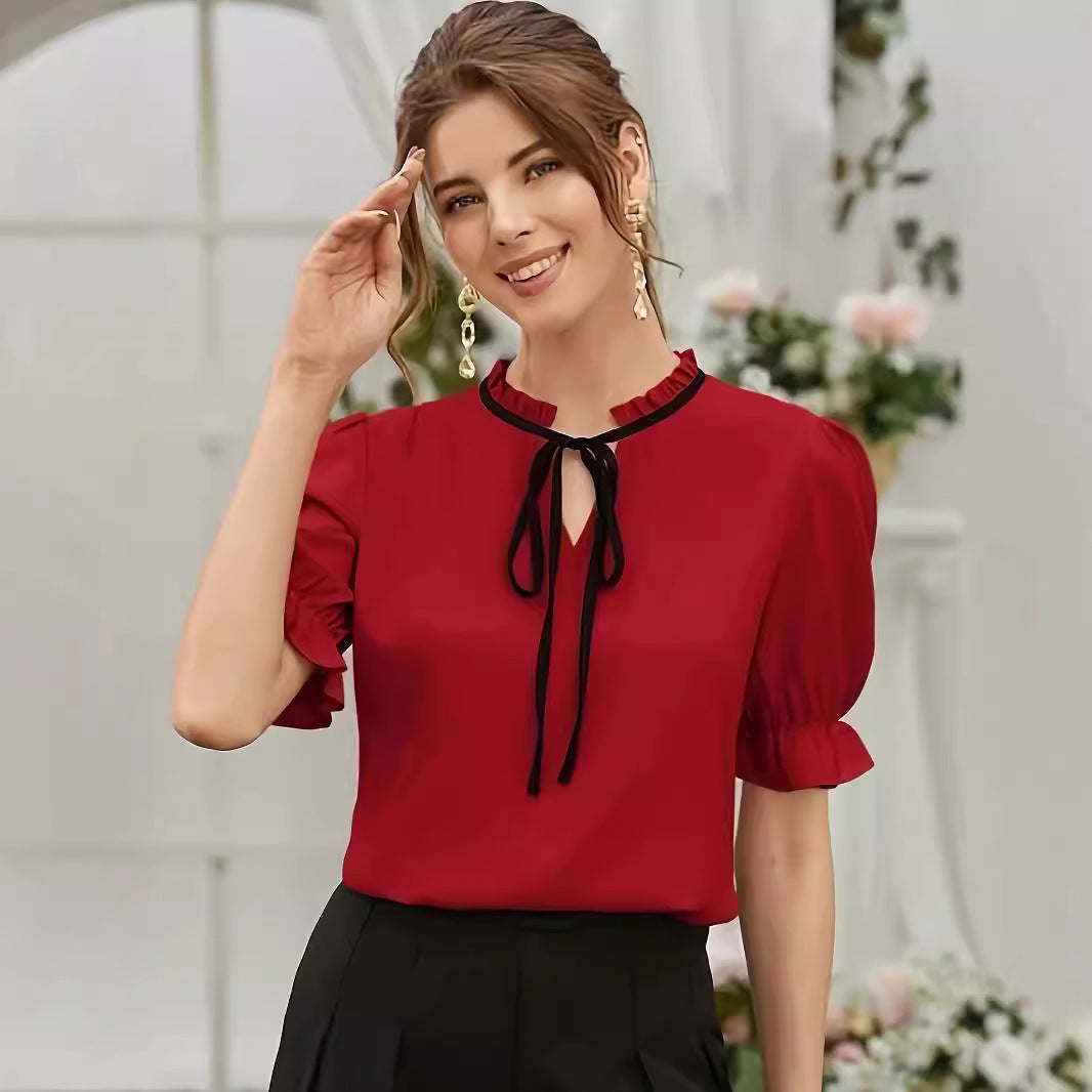 Women's Elegant Tie Long Ruffle Sleeve Blouse