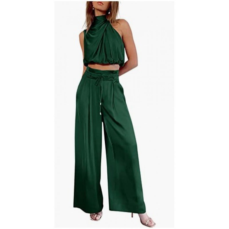 Sleeveless Midriff-baring Top And Wide Leg Pants Set