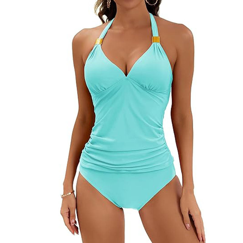 Pure Color Halter Split Tie Two Piece Swimsuit