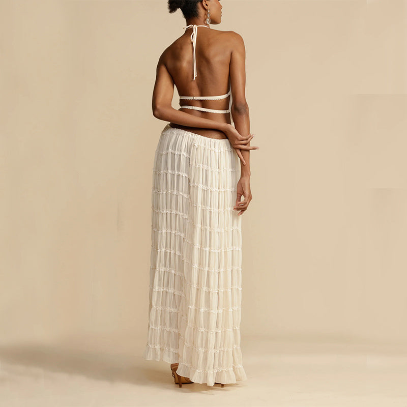 2pc Dress Suit, Sleeveless, Backless Cropped Halter Top And Pleated Long Dress