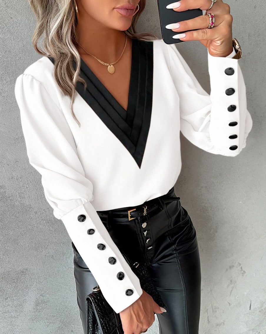 V-neck Long Sleeve Blouse With Button Design