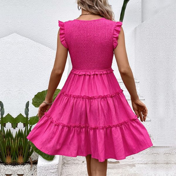 V Neck Flutter Sleeve Tiered Smocked Dress