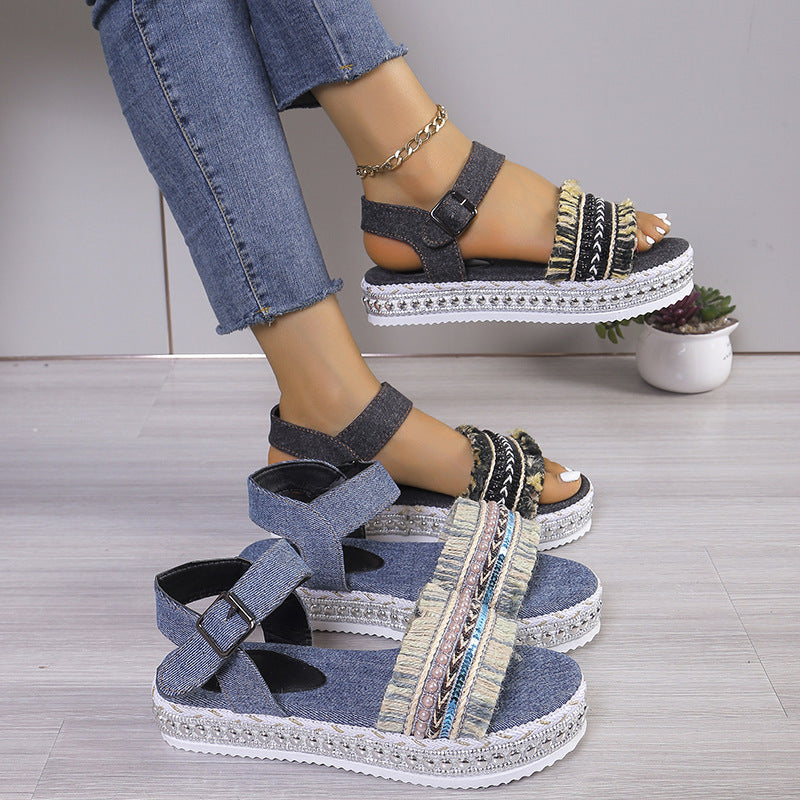 Tassel Denim Sandals With Thick-soled, Flat Heel, Hemp Rope Sole Ethnic Style Shoes