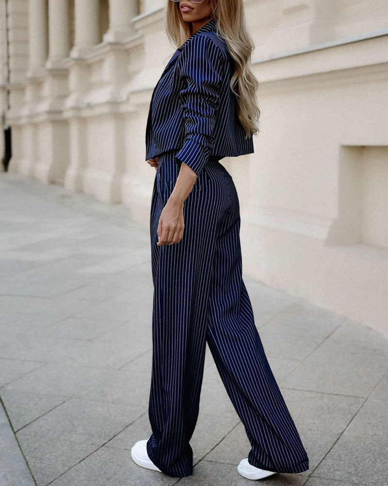 Striped Suits Casual Lapel Long Sleeve Cropped Top And Straight Pants Outfits