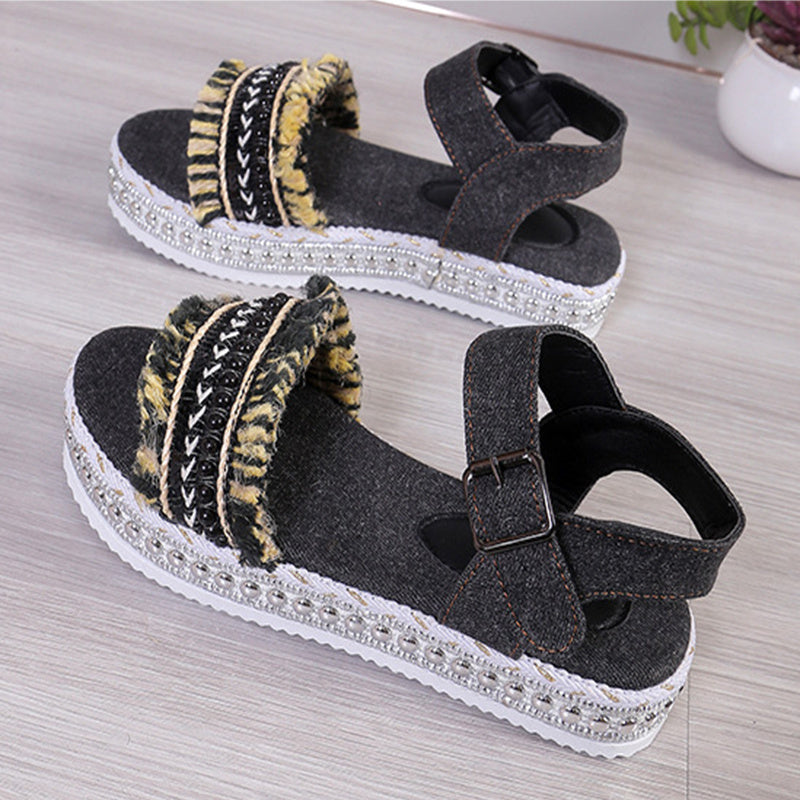 Tassel Denim Sandals With Thick-soled, Flat Heel, Hemp Rope Sole Ethnic Style Shoes