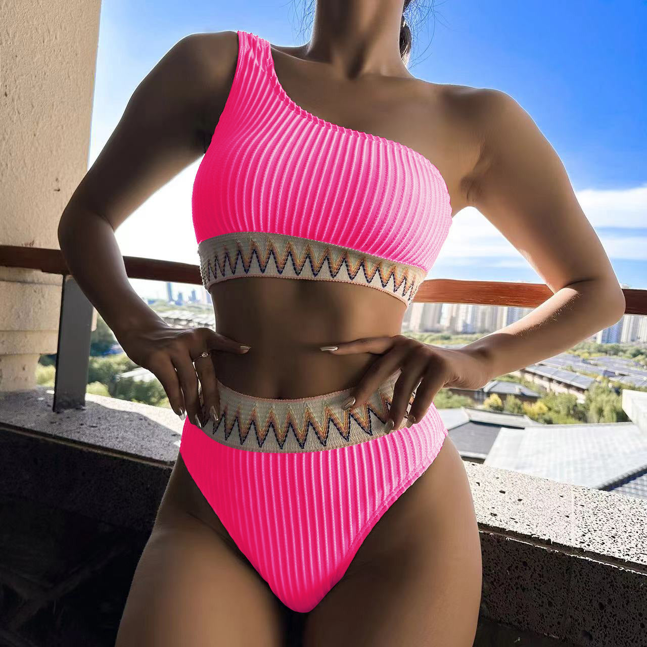 One-shoulder Bikini With Striped Pleated And Ripple Print Design Solid Colors