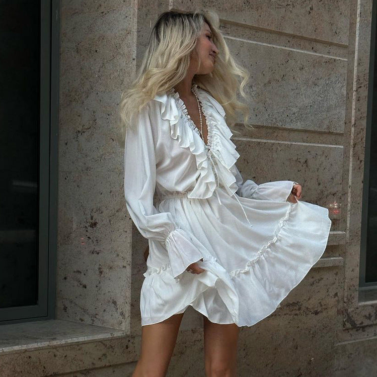 V Neck Pleated Ruffle Long Sleeve Dress