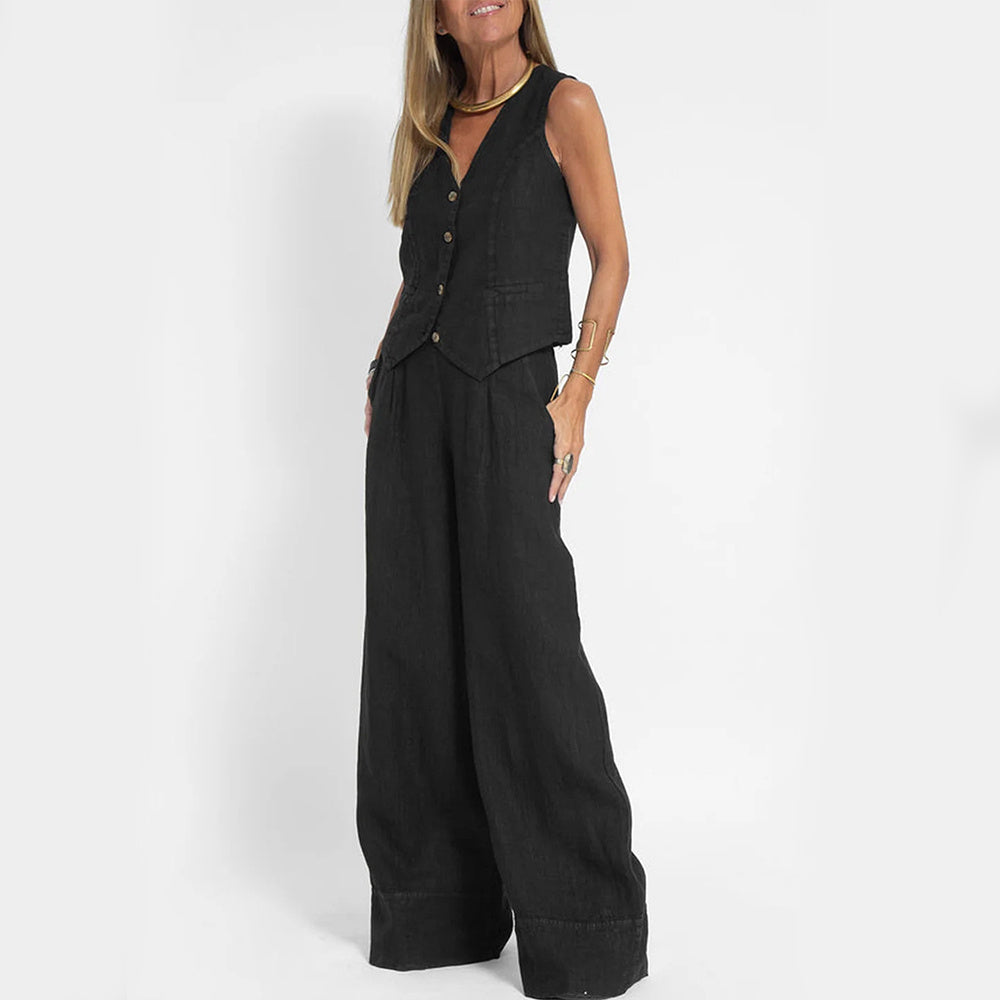 Vest Suits V-neck Button Sleeveless Top And Loose Straight Trousers