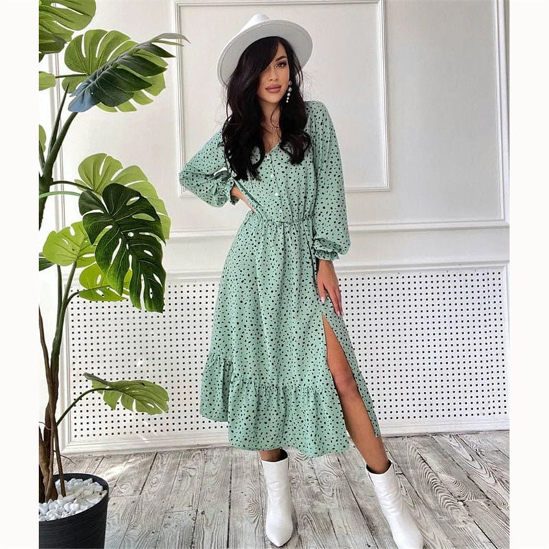 V-neck Casual Polka Dot Long Dress Split Dress