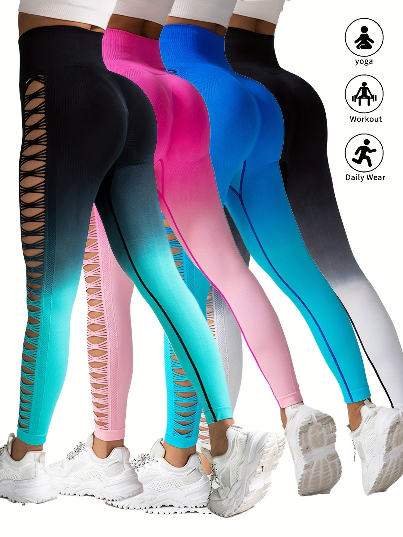 4 Pack Cut Out Ombre Gradient Color Hollow High-waist Butt-lifting Yoga Pants