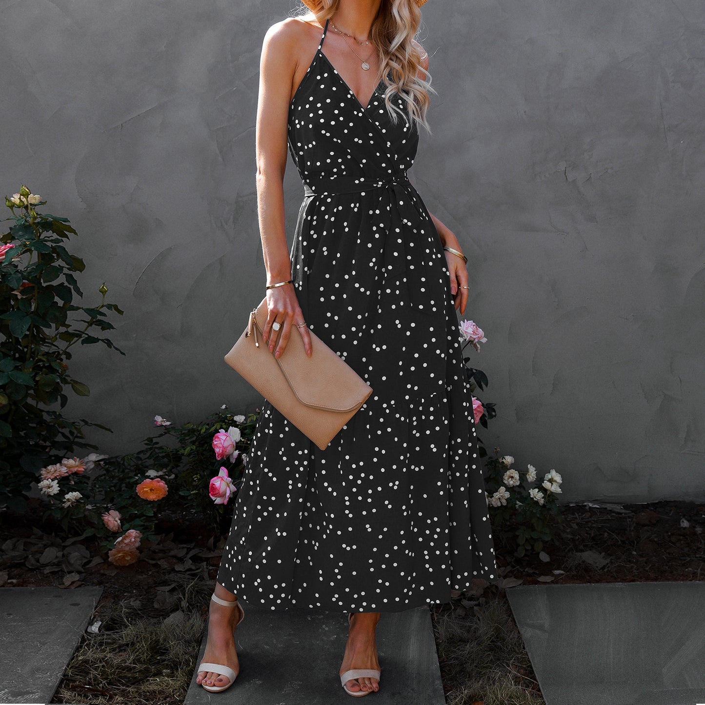 V-Neck Strap Polka Dot Long Dress