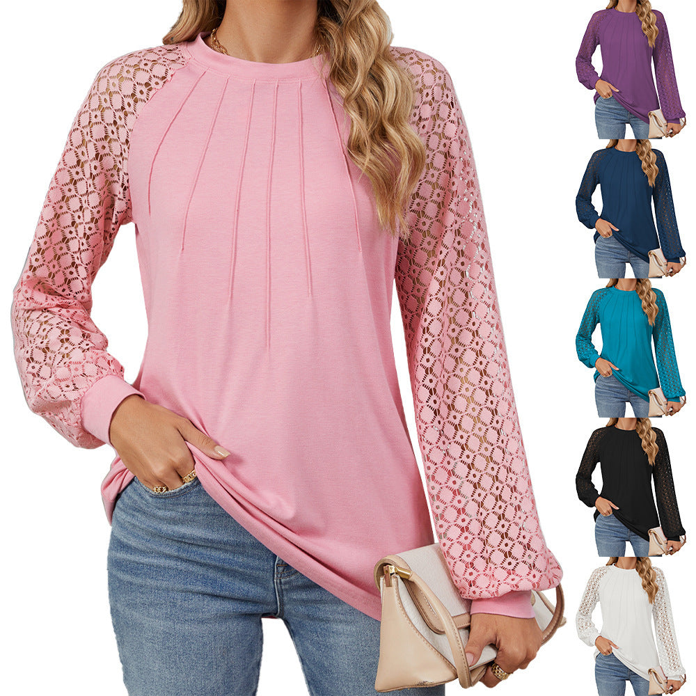 Lace Long Sleeve Round Neck Solid Color Pullover Top