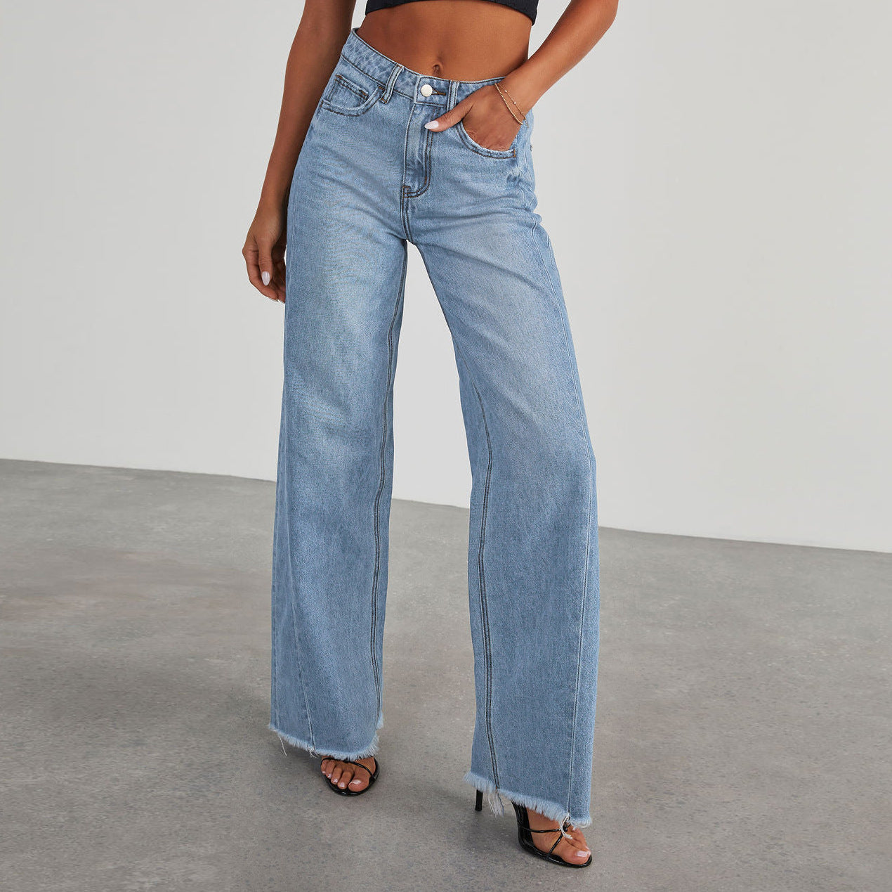 High Waist Jeans With Pockets ,Slim Fit Straight Wide-leg