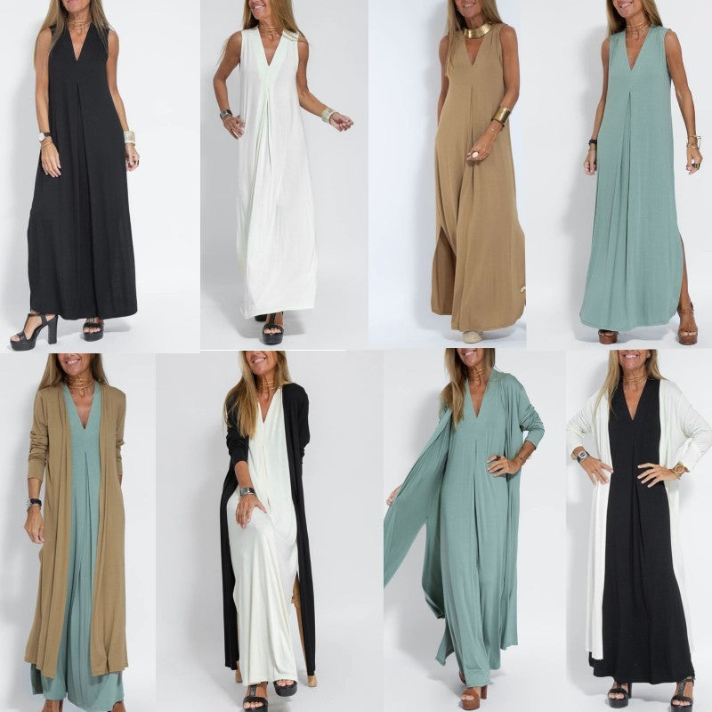 Solid Color V-neck Sleeveless Long Dress