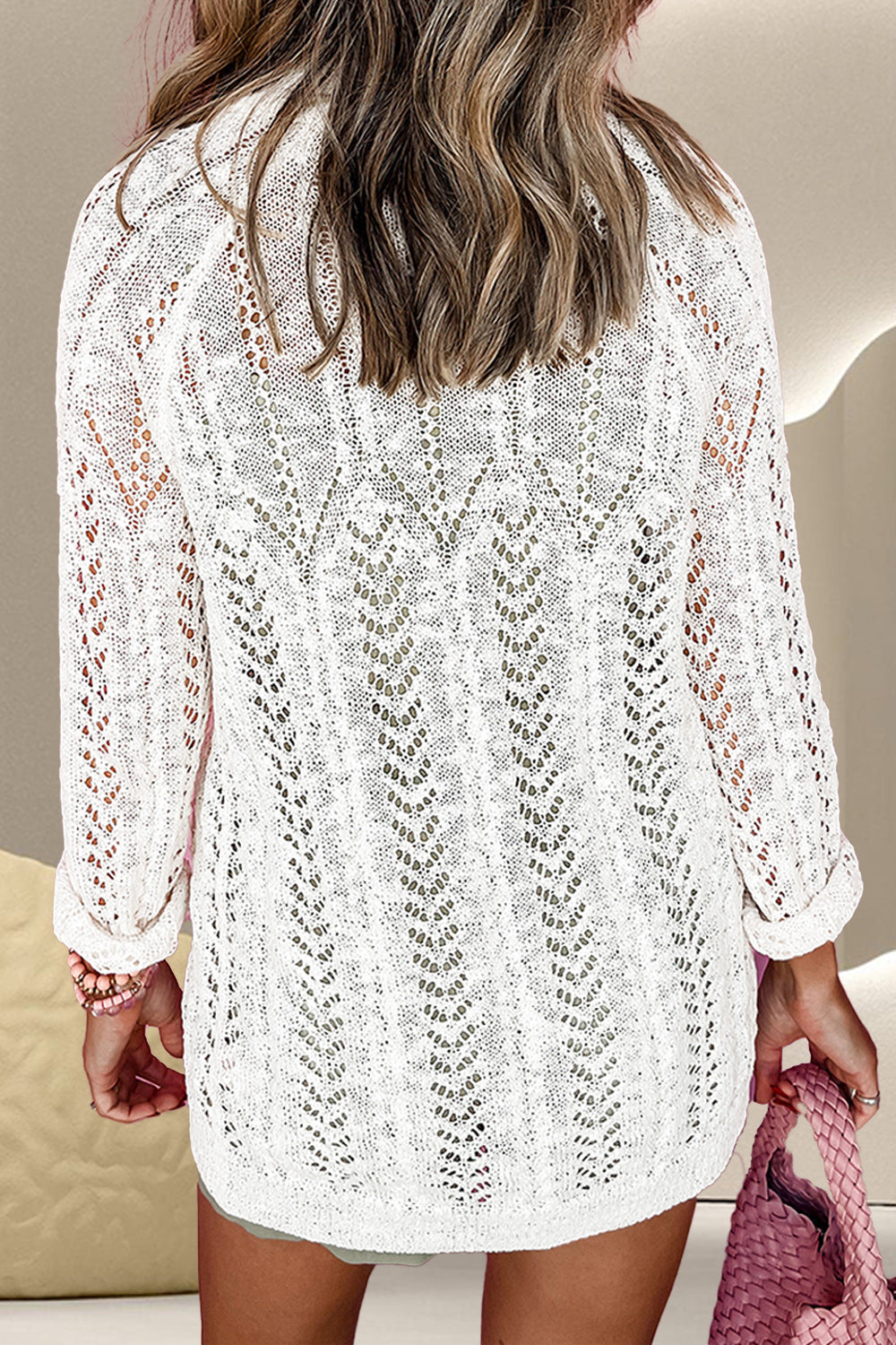 Openwork Open Front Long Sleeve Cardigan