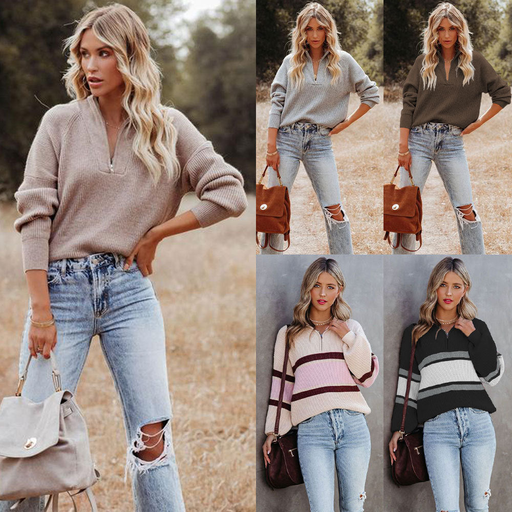 Women's Fashion Striped Colorblock Sweater Long Sleeve Zip