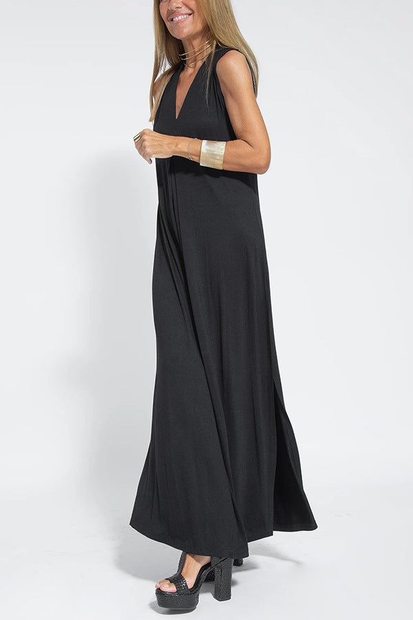 Solid Color V-neck Sleeveless Long Dress