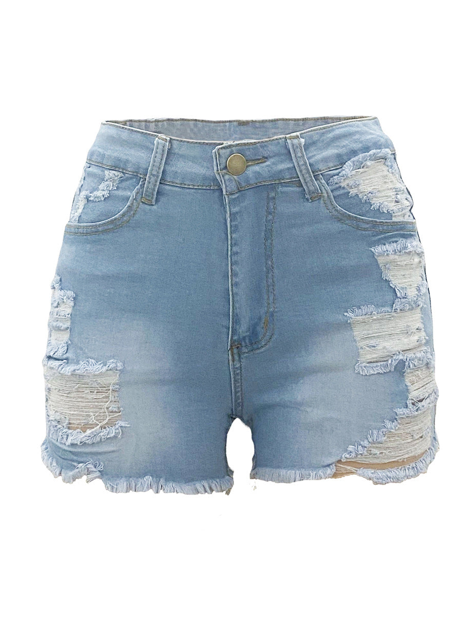 High-Waisted Elastic Ripped Denim Shorts