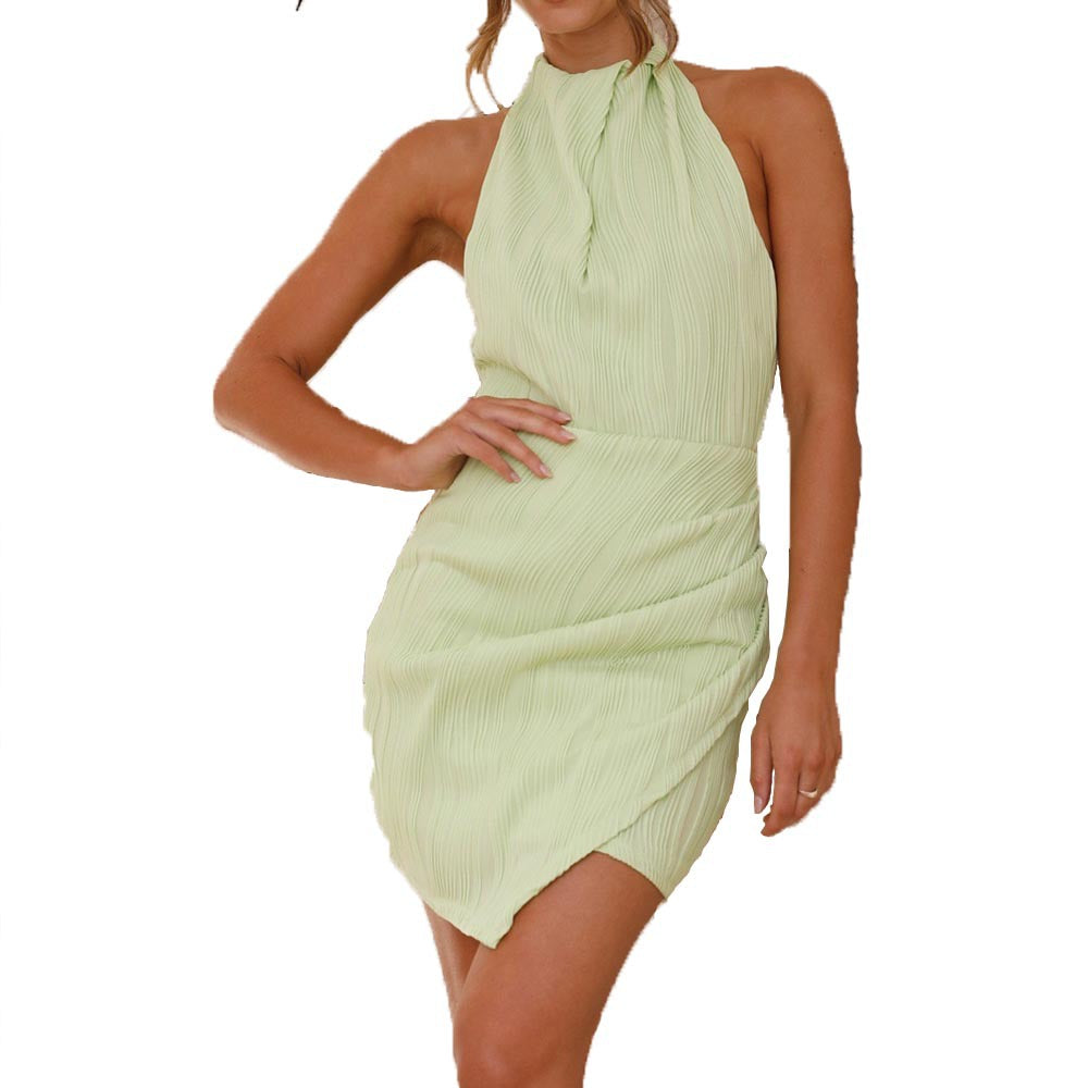 Pure Color Halter Sleeveless Backless Irregular Dress