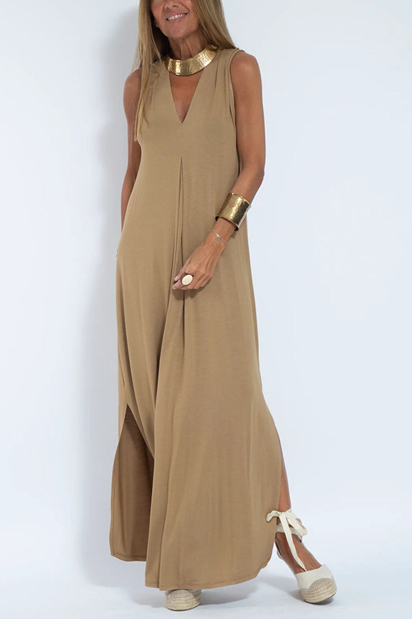 Solid Color V-neck Sleeveless Long Dress