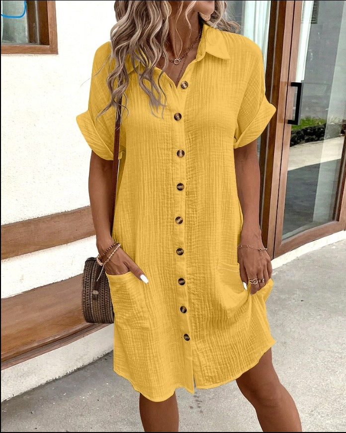 Shirt Dress, Solid Color Single-breasted Mid-length Loose Dress