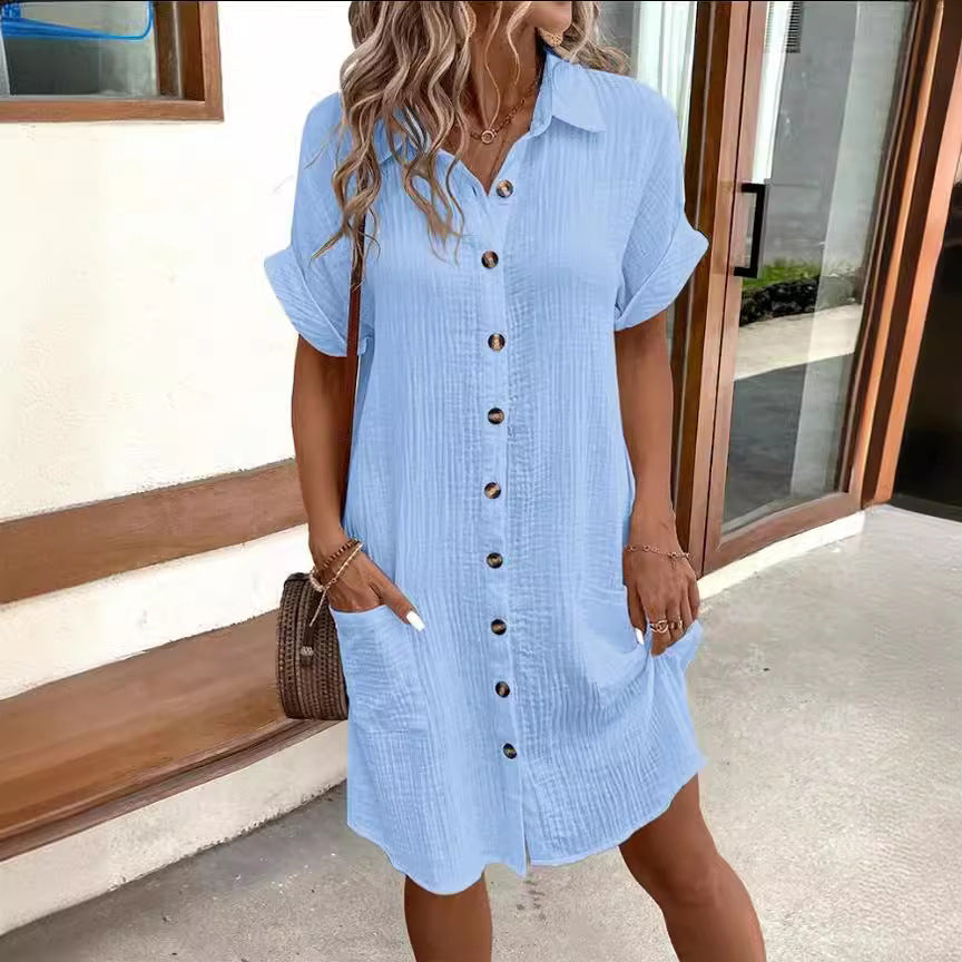 Shirt Dress, Solid Color Single-breasted Mid-length Loose Dress