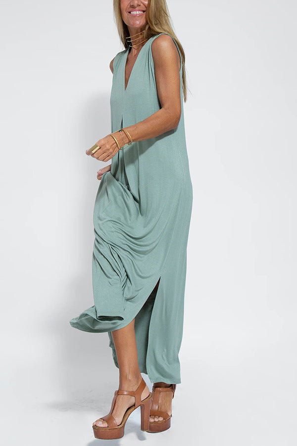 Solid Color V-neck Sleeveless Long Dress