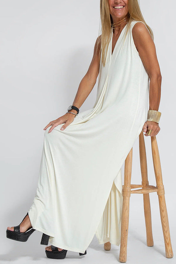 Solid Color V-neck Sleeveless Long Dress