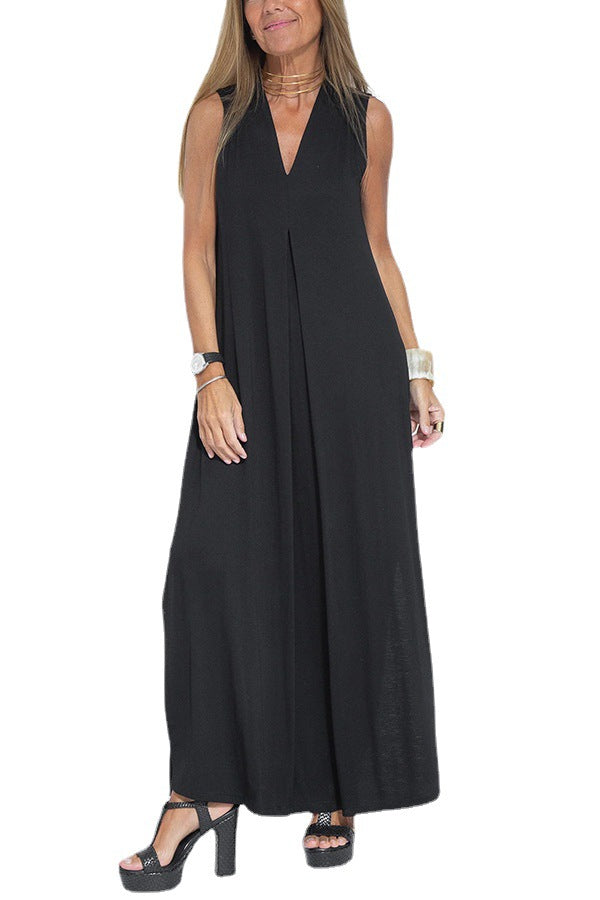 Solid Color V-neck Sleeveless Long Dress