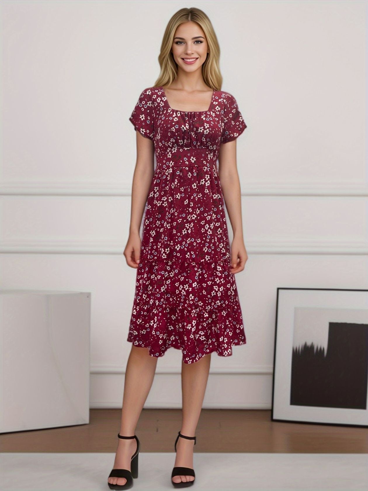 Square Collar Short Sleeve Dress, Puff Floral Printed