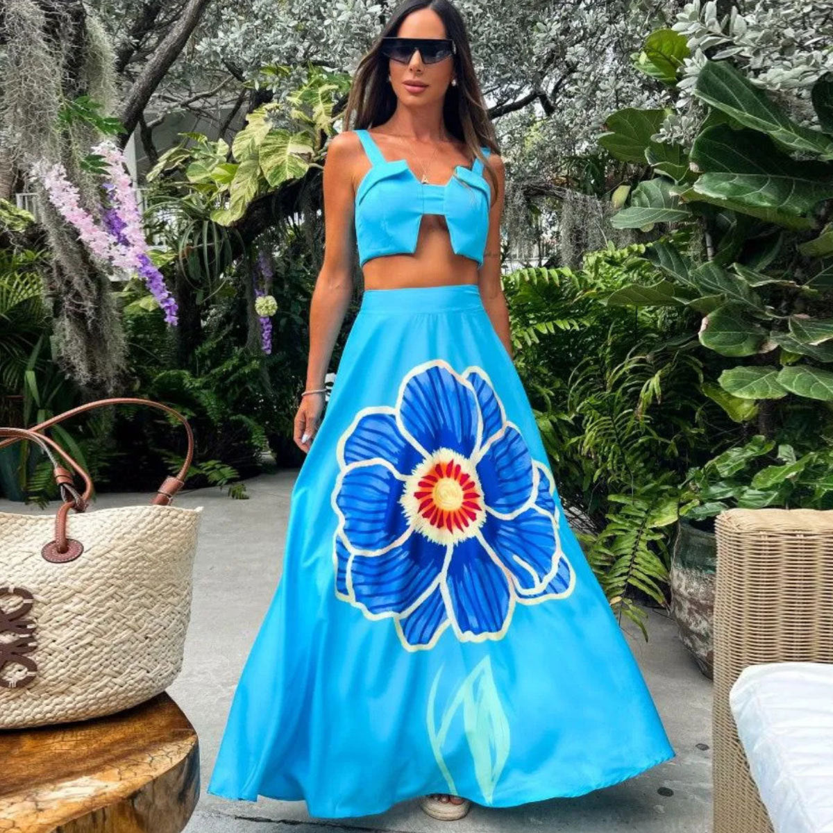 Blue Printed Midriff Outfit Split Two-piece Set