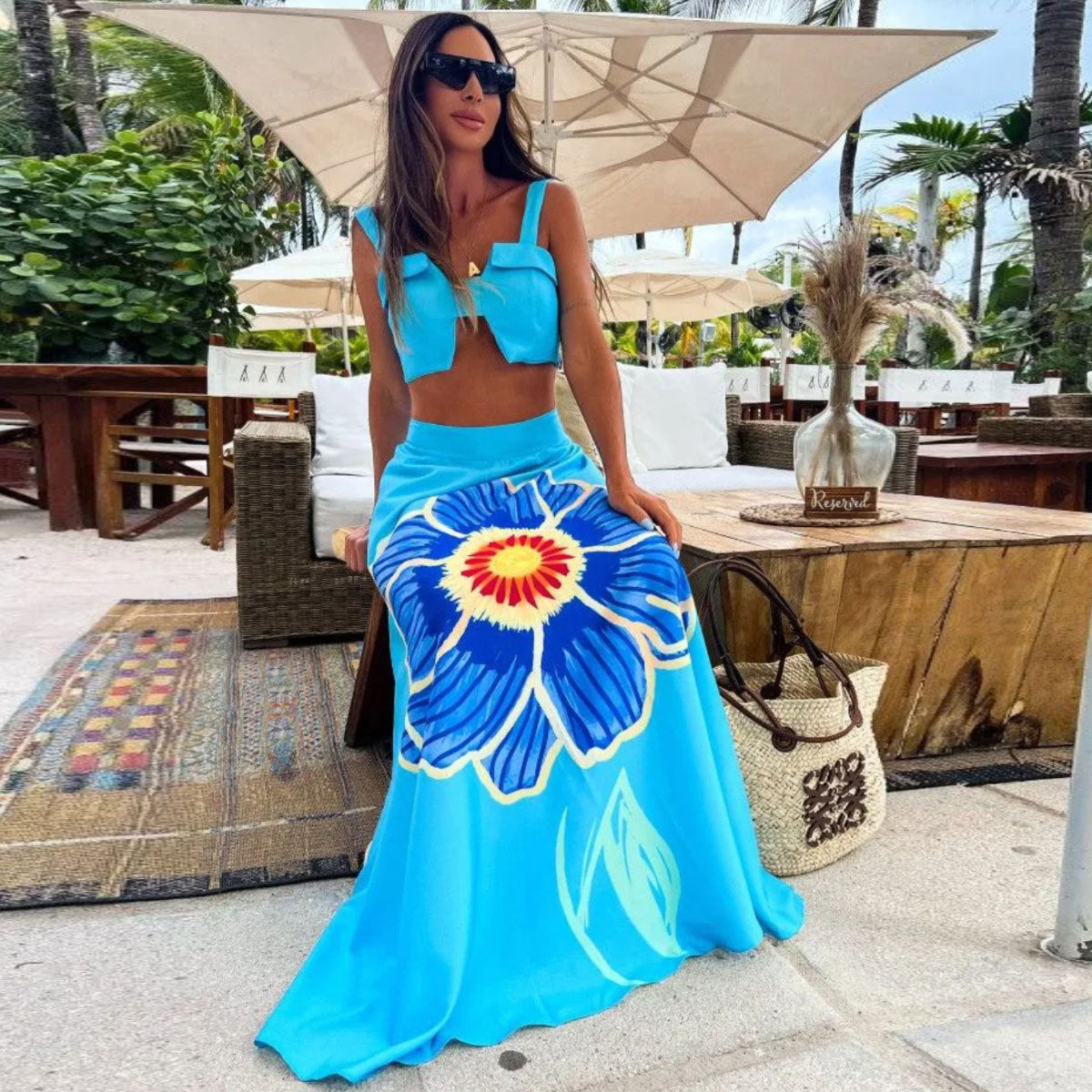 Blue Printed Midriff Outfit Split Two-piece Set