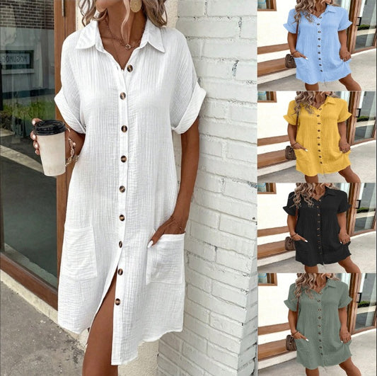 Shirt Dress, Solid Color Single-breasted Mid-length Loose Dress