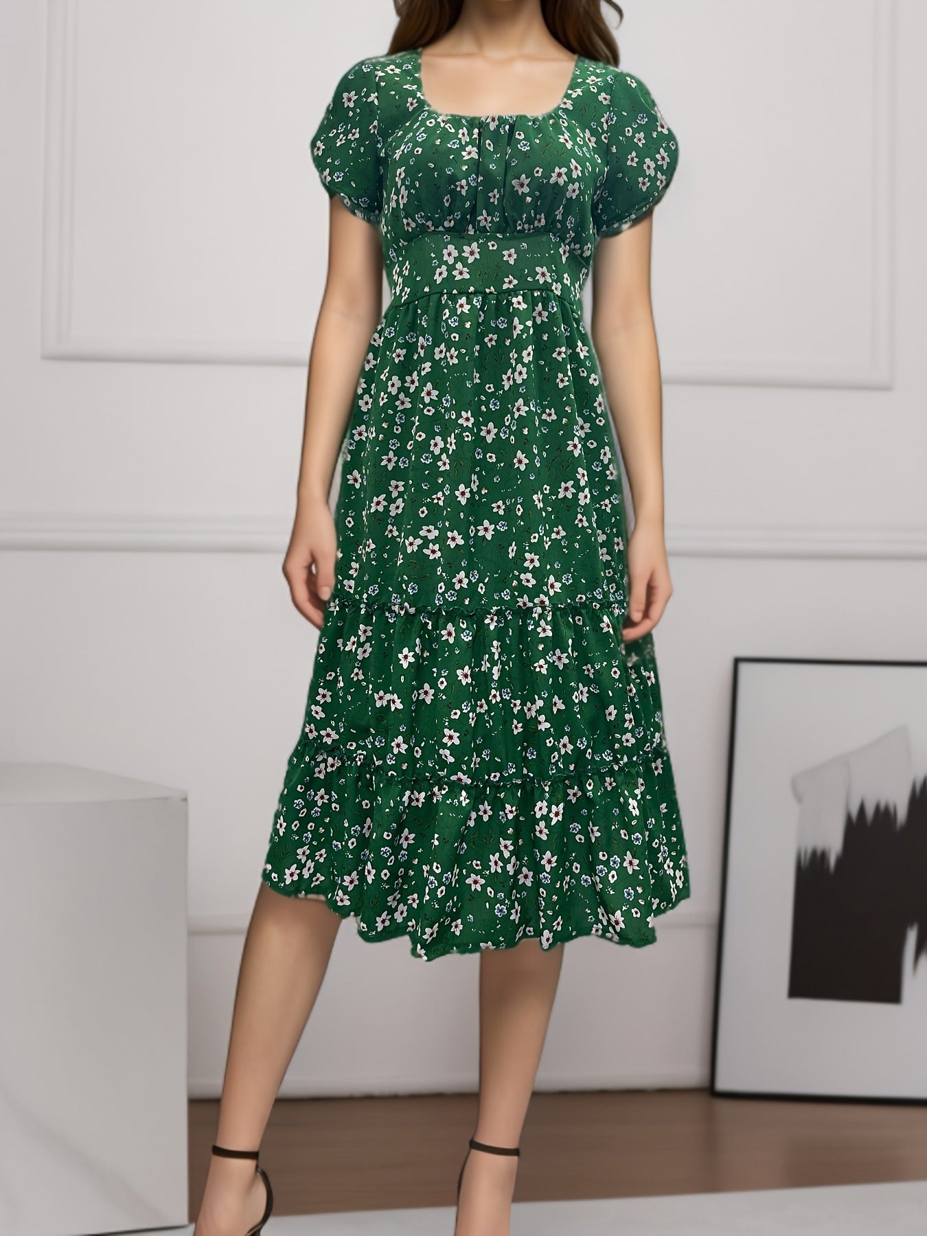 Square Collar Short Sleeve Dress, Puff Floral Printed