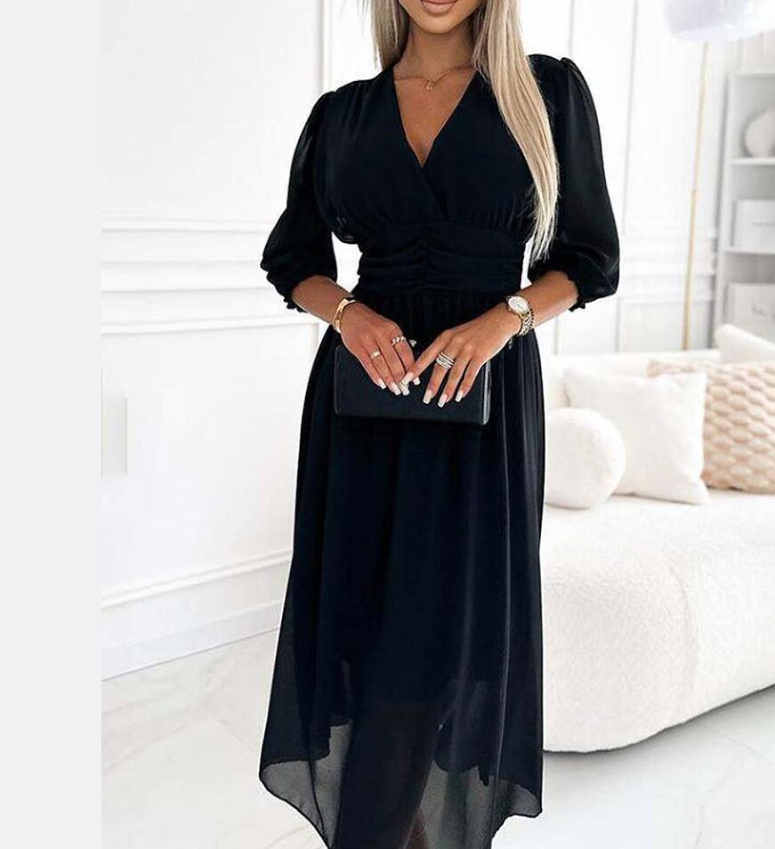 V-neck Waist-tight Long Sleeve Dress