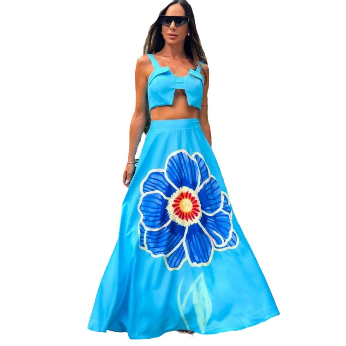 Blue Printed Midriff Outfit Split Two-piece Set