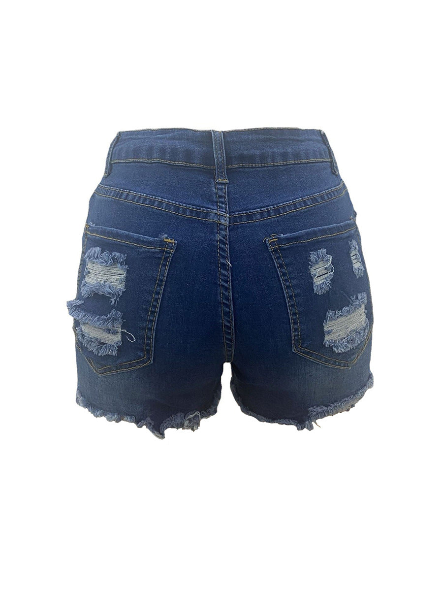 High-Waisted Elastic Ripped Denim Shorts