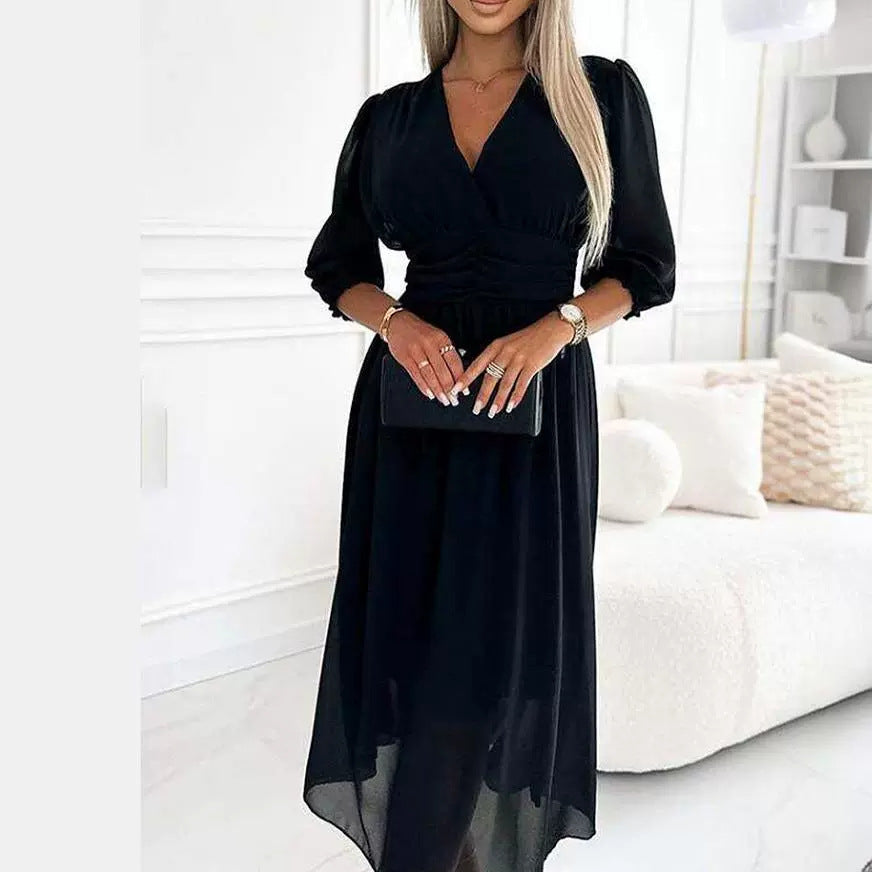 V-neck Waist-tight Long Sleeve Dress