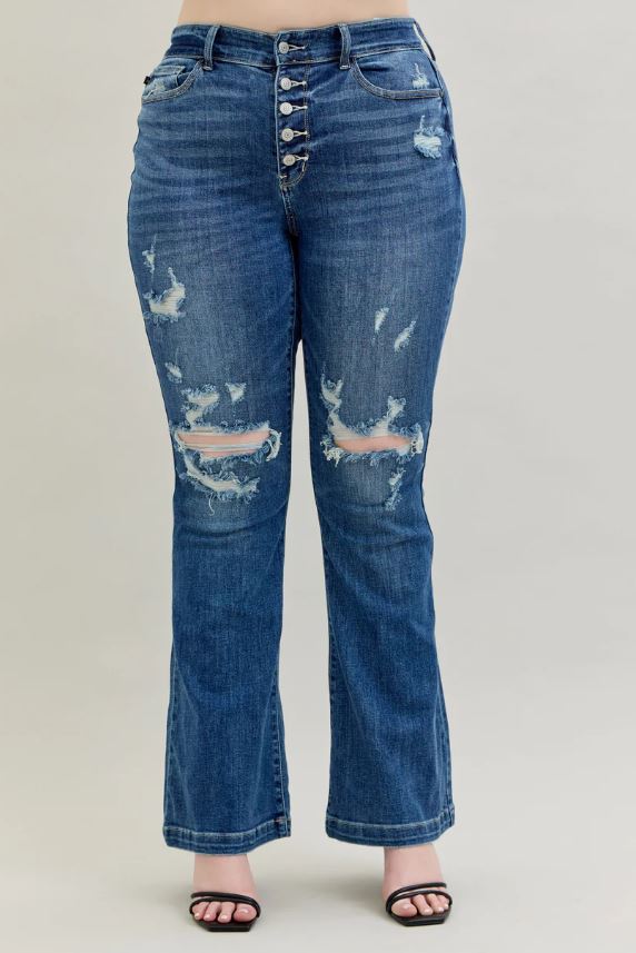 Judy Blue Dark Wash Mid-Rise Button Fly Destroyed Jeans