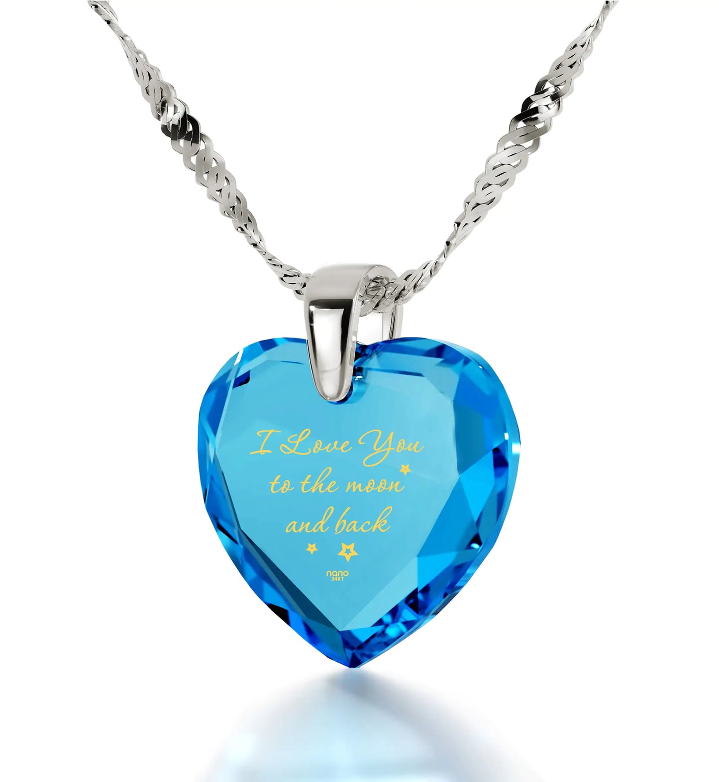 925 Sterling Silver I Love You to The Moon and Back Necklace 24k Gold Inscribed Heart Cubic Zirconia Pendant