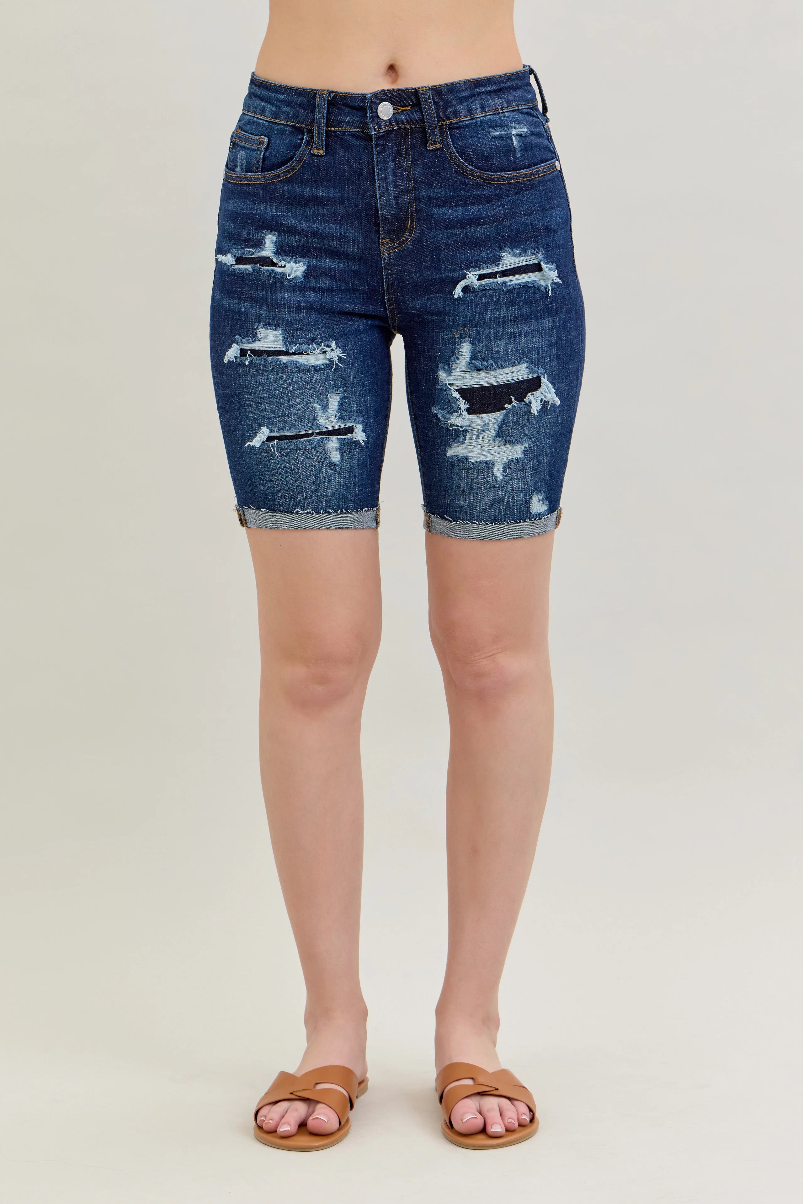 Judy Blue Patch High Rise Destroyed Bermuda Shorts
