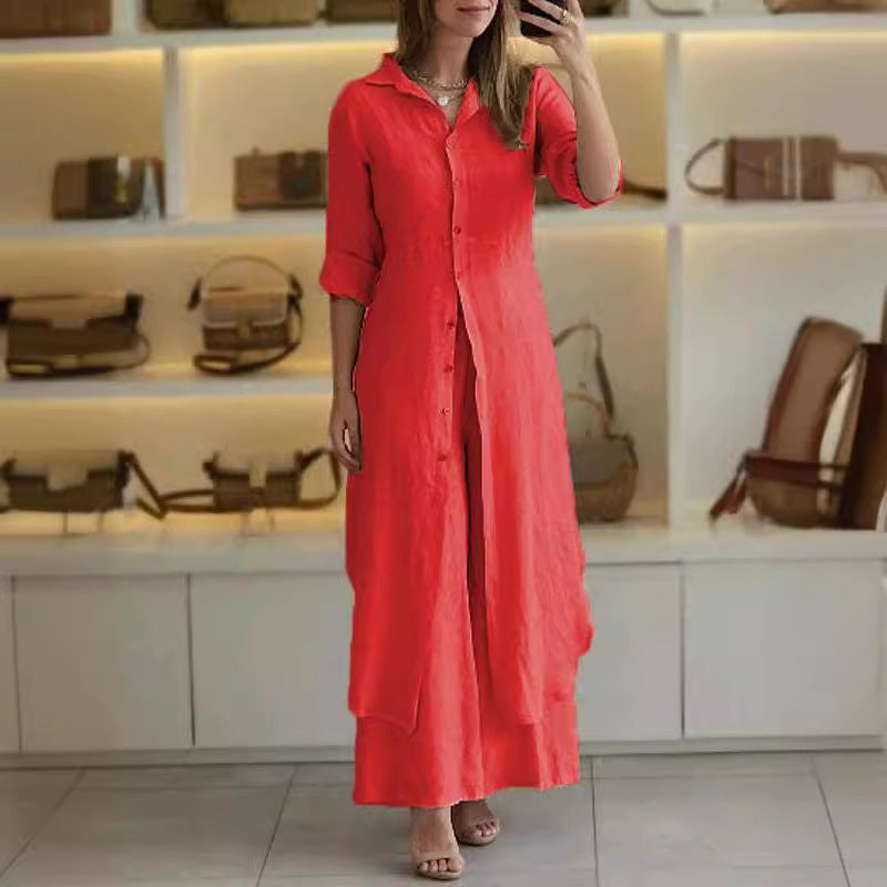 Urban Elegant Cotton And Linen Slim-fit Waist-tight Long Shirt Wide-leg Pants Suit