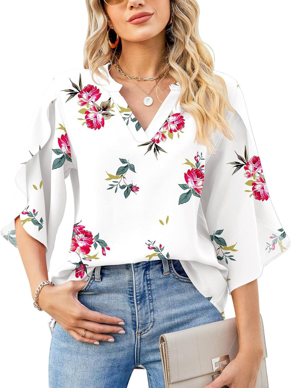 Printed Notched Half Sleeve Blouse