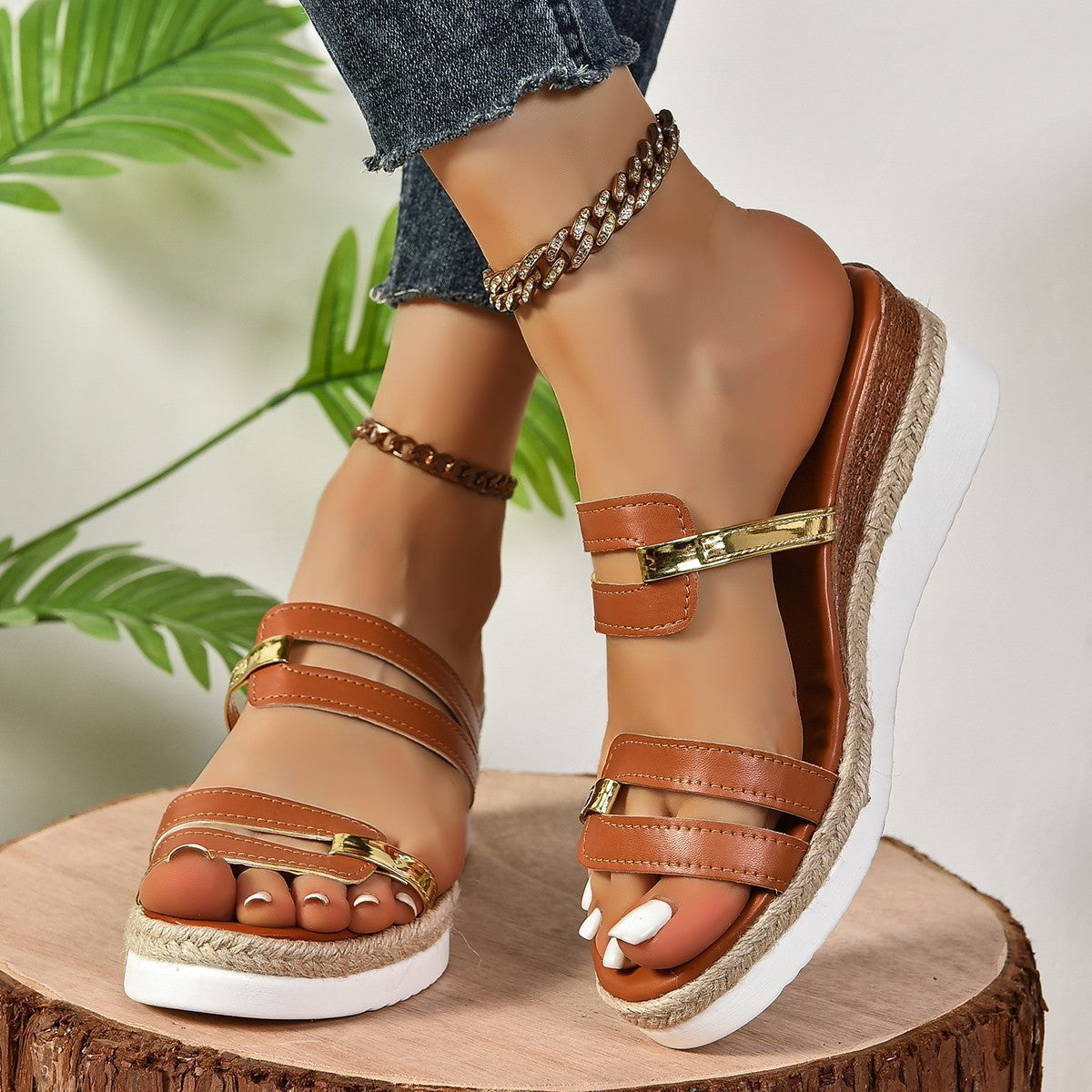 Colorblock-strap Hemp Heel Wedges Sandals