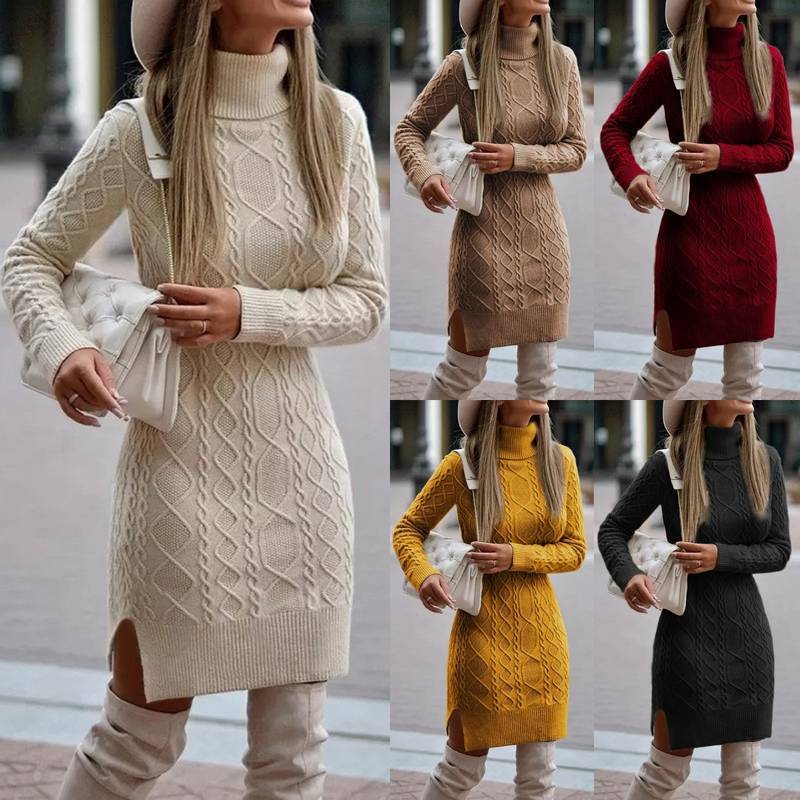 Solid Color Split Twist Mid-length Sweater Dress