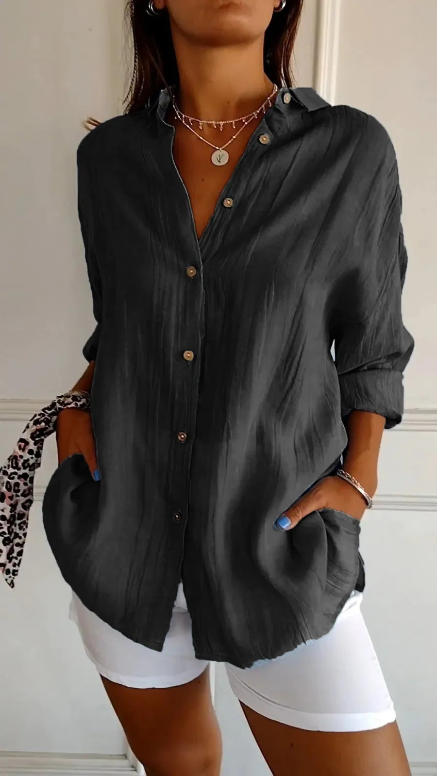 Lapel Long Sleeve Single-breasted Pleated Shirt