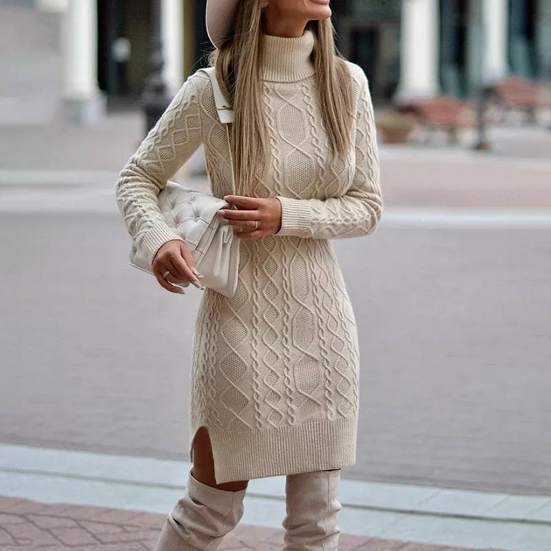 Solid Color Split Twist Mid-length Sweater Dress