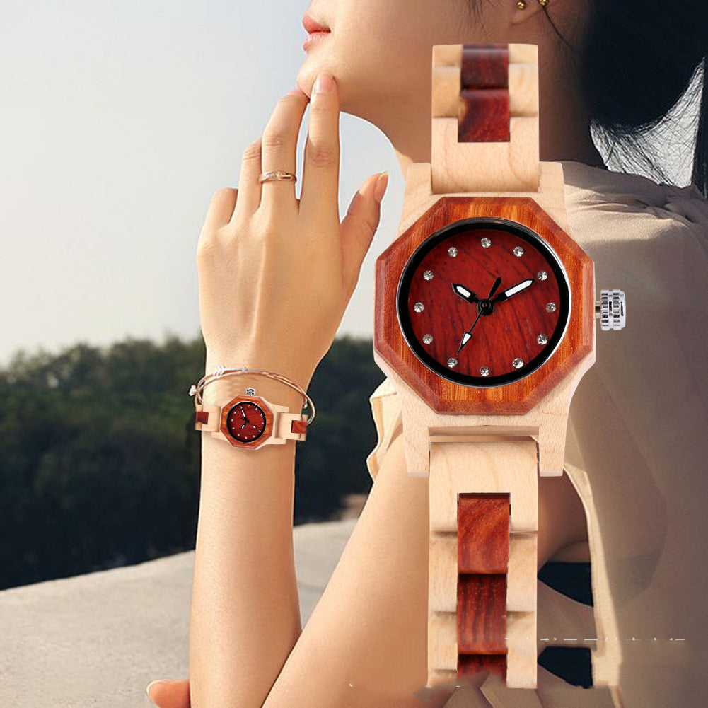 Octagon Face Diamond Ladies Wooden Watch